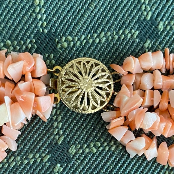 16” Six Strand Coral Chip Necklace with gold filled filigree clasp - Picture 4 of 5